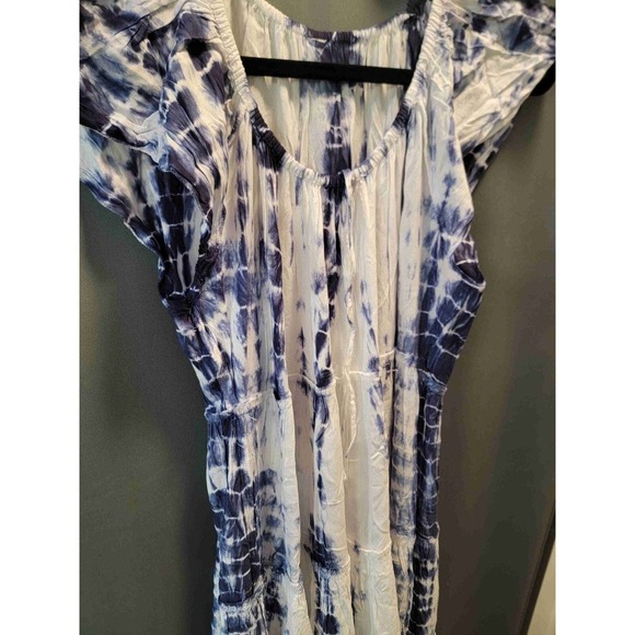 Bohme Blue Short Sleeve Tie-Dye Pattern Gathered Neckline Dress Size Large b55 - Picture 1 of 5